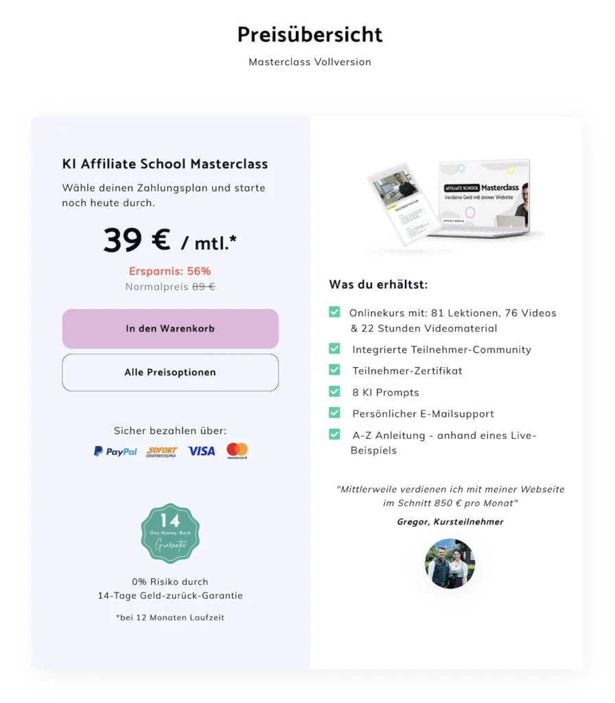 KI Affiliate School Masterclass Preis