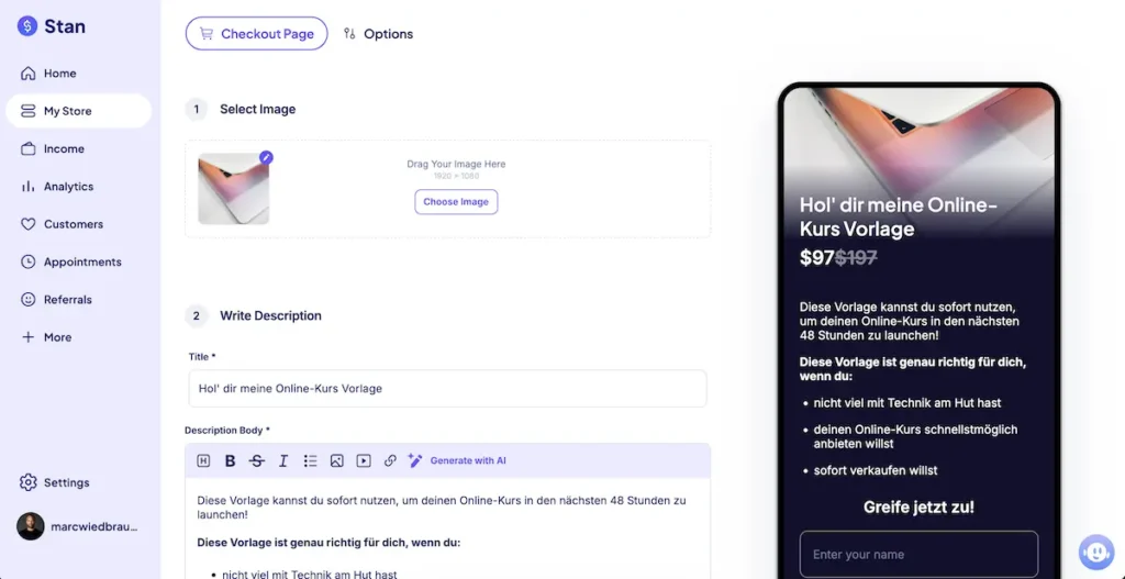 Stan Store Backend Ansicht