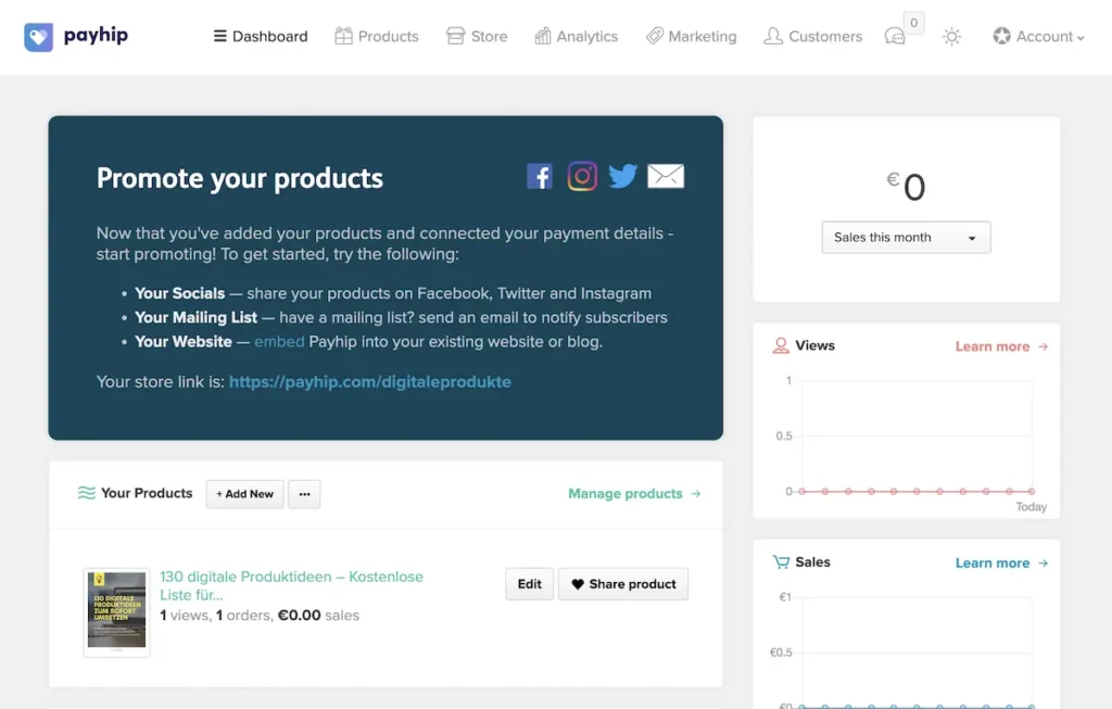 Ansicht auf das Payhip Backend