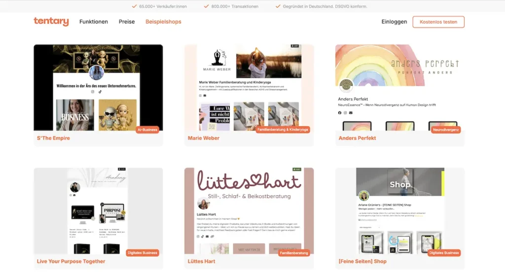 Übersicht einiger Tentary Beispielshops